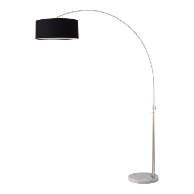 92" Morelli Float Floor Lamp, 1960s - Mid Century Modern Arc Lamp, White Marble Base, Black Linen Shade, Dimmable For Sale