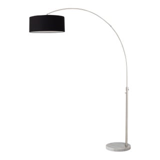92" Nova of California Drum Shade Floor Lamp, 1960s - Mid Century Modern Arc Lamp, White Marble Base, Black Linen, Dimmable, Living Room For Sale