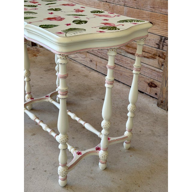 Wood Antique Console Table With Custom Flamingo Decoupage Top | Hand-Painted Coastal Piece For Sale - Image 7 of 12