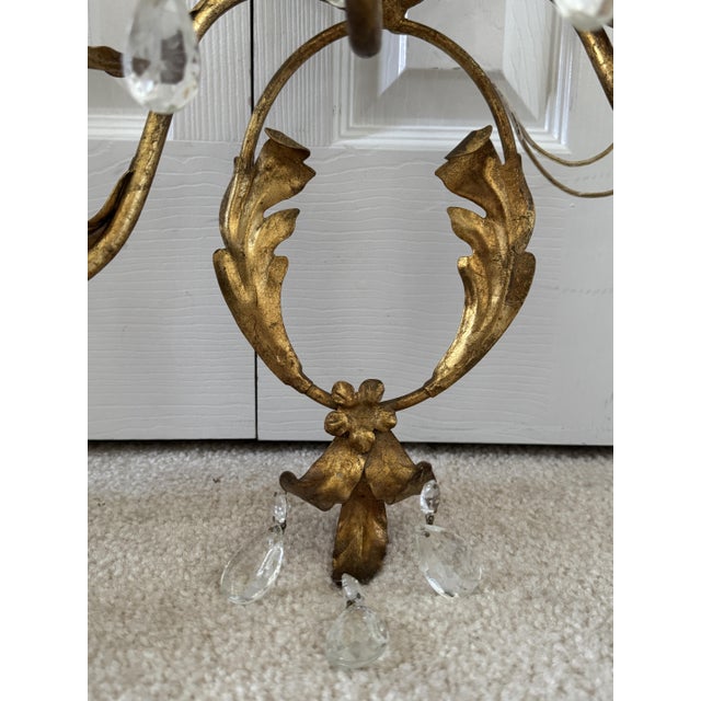Vintage Italian Florentine Gilt Tole & Crystal Regency Wall Sconces - Pair For Sale - Image 6 of 13