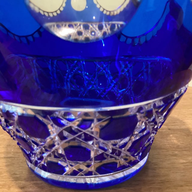 Glass Vintage Limited Edition Cobalt Blue Cut to Clear Bohemian Crystal Centerpiece Basket For Sale - Image 7 of 13