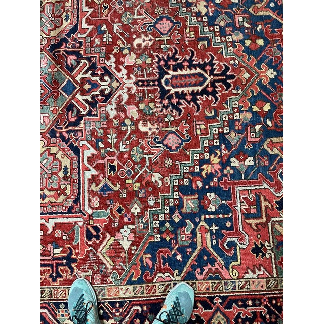 Textile Antique Heriz Rug with Deep Denim Corners, Corals, Salmon, Cloud-Blue Rug 8 x 11.2 For Sale - Image 7 of 7