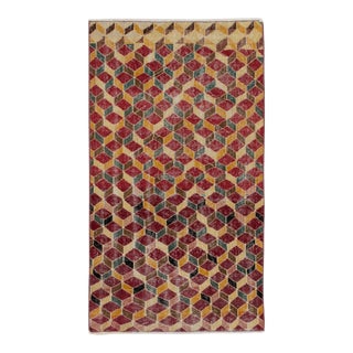 1960s Vintage Deco Rug in Red, Yellow, Beige-Brown Geometric Pattern, Distressed For Sale