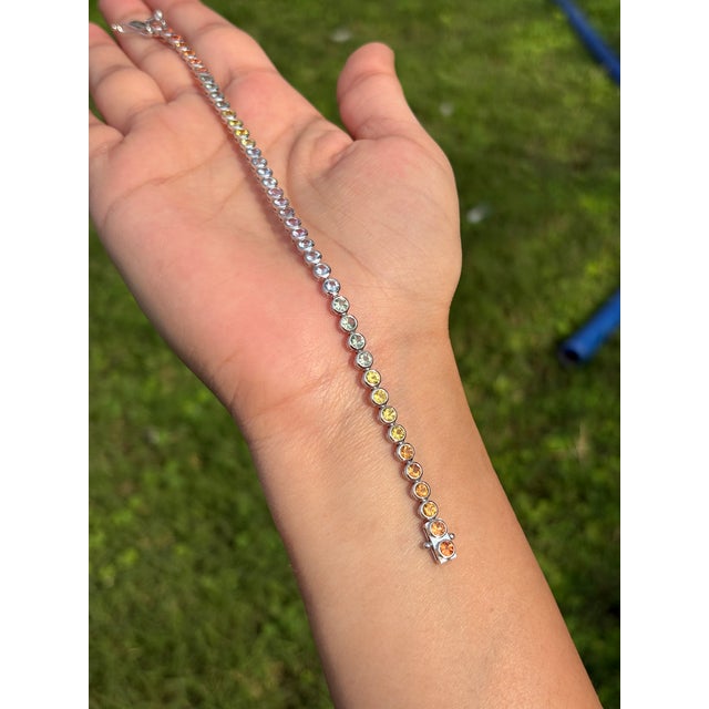 5.95Crt Rainbow Sapphire Bezel Set Classical Roman Tennis Bracelet in 14k Gold For Sale - Image 9 of 16
