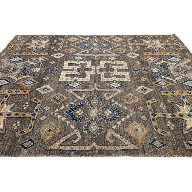 Modern Tulu Style Wool Area Rug – Geometric Tribal Motif in Earthy Brown & Cream For Sale - Image 11 of 11