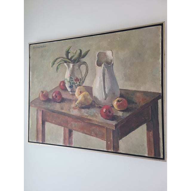 Taupe Vintage Moody Still-Life Oil Painting Apples & Pears on a Farmhouse Table- For Sale - Image 8 of 14