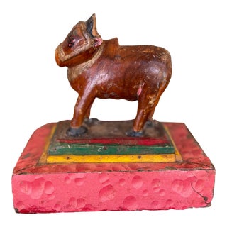 Likely Antique Hand-Carved Wooden Cow Figurine on Painted Base - Folk Art Sculpture For Sale