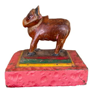 Likely Antique Hand-Carved Wooden Cow Figurine on Painted Base - Folk Art Sculpture