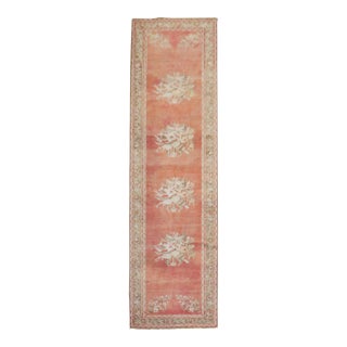 Early 20th Century Melon Red Floral Turkish Ghiordes Runner - 3'5" x 12'7" For Sale