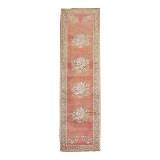 Early 20th Century Melon Red Floral Turkish Ghiordes Runner - 3'5" x 12'7" For Sale