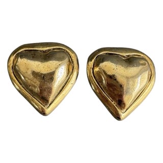 Vintage Puffy Heart Earrings Gold Tone Clip on Statement Jewelry 80s Designer For Sale