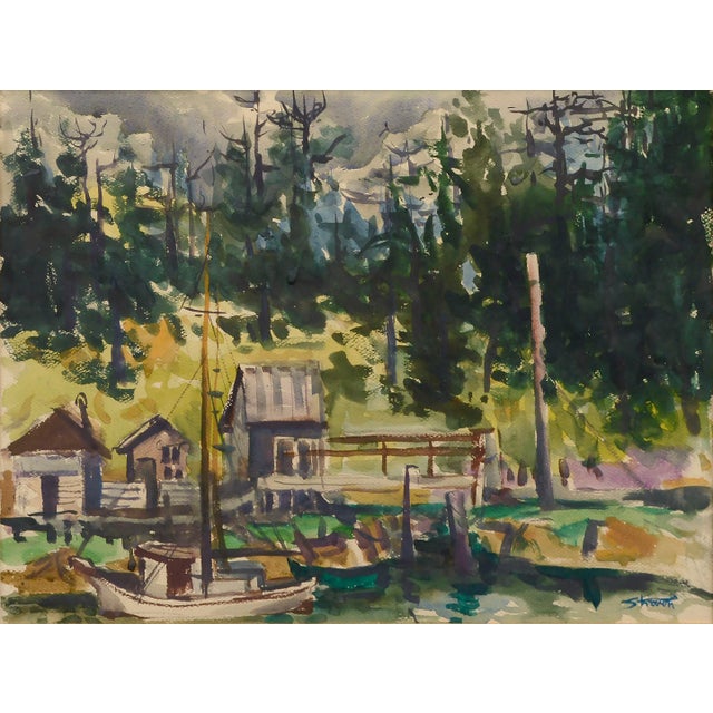 Beautiful watercolor of boats next to a dock with tall trees in the background by Mike Strouth (American, 20th Century)....
