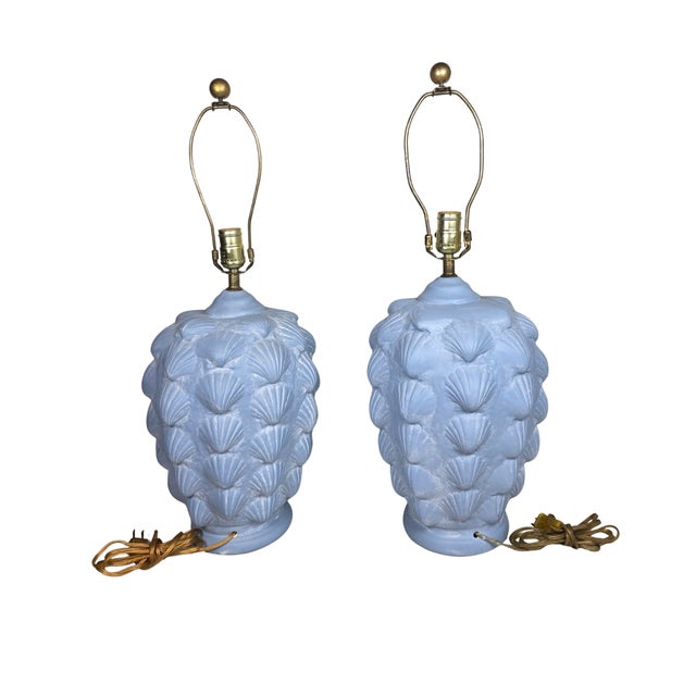 1980s Vintage Hollywood Regency Blue Scallop Shell Lamps |- Coastal Neoclassical - a Pair For Sale - Image 5 of 12