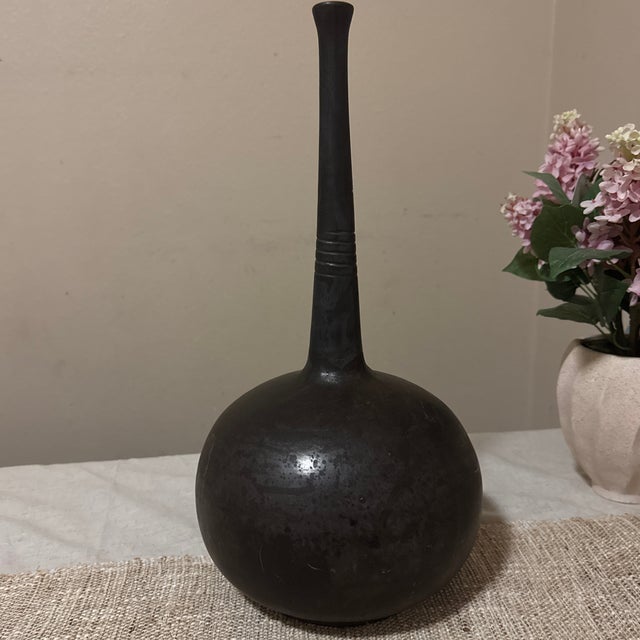 Ceramic Large Brown Glazed Vase With Fluted Top For Sale - Image 7 of 7