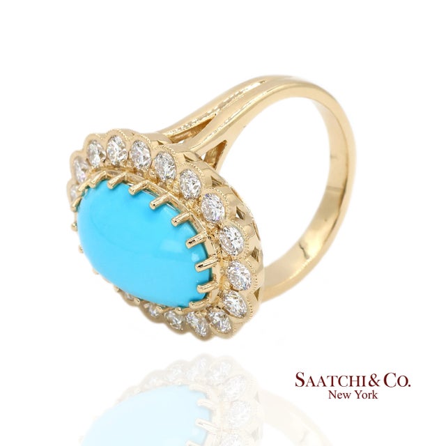 Blue Persian Turquoise Diamond Ring Women Size 7 18k Yellow Gold Glam Luxe, Size 7 For Sale - Image 8 of 10