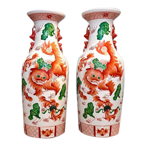 Vintage 24" Hand Painted Chinese Porcelain Jars With Foo Dogs and Inscriptions, a Pair