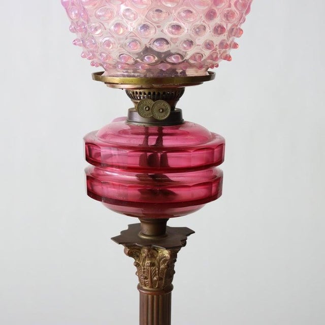 English English John Scott Bronze, Cranberry & Opalescent Hobnail Glass Oil Lamp C1890 For Sale - Image 3 of 9