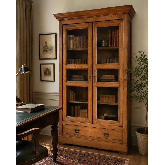 An imposing solid oak notary's bookcase made in France in the late 19th century, circa 1880-1900. This piece of...