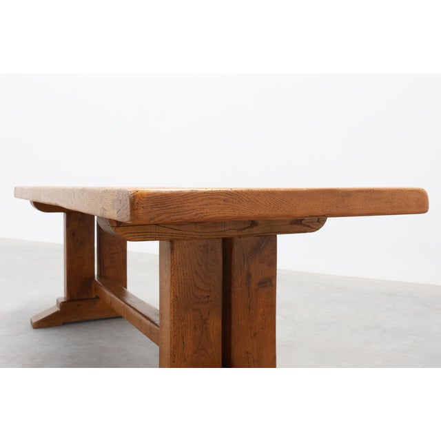 Wood Vintage Oak Trestle Table with Pegged Stretcher, France, 1950s For Sale - Image 7 of 18