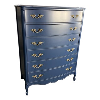 1960s French Provincial High Chest Refinished in Navy For Sale