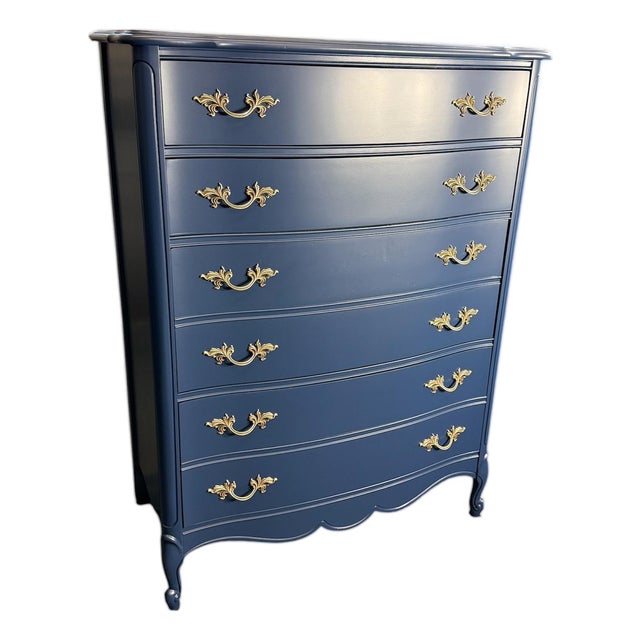 1960s French Provincial High Chest Refinished in Navy For Sale