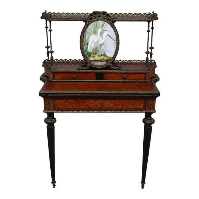 French Louis XVI Aesthetic Burl, Ebonized & Ormolu Bonheur Du Jour C1880 For Sale - Image 4 of 8