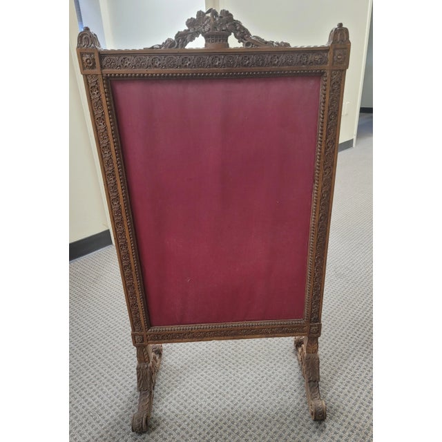 1920s Edwardian Carved Walnut Tapestried Fire Place Screen For Sale - Image 9 of 12