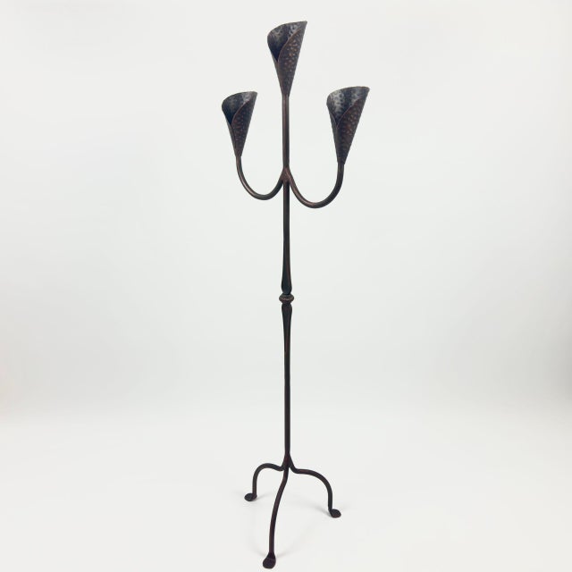 2020s Hand Forged Iron Floor Candelabra 47″ (119cm) Antique Copper Patina 3-Arm Hammered Cone Cup Candle Holder Rustic Decor For Sale - Image 5 of 5