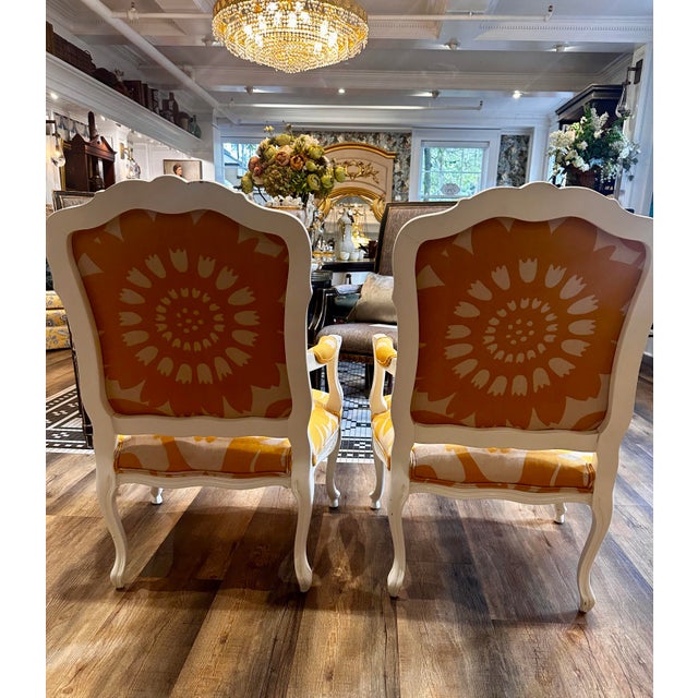 Yellow Pair of Vintage Italian Painted Bergere Chairs Upholstered in Yellow and White Linen For Sale - Image 8 of 12