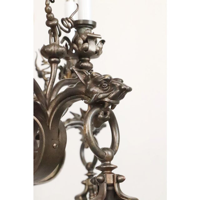 Early 20th Century Early 20th Century Cast Bronze Highly Ornate Chandelier With Original Etched Glass Down Shades For Sale - Image 5 of 16