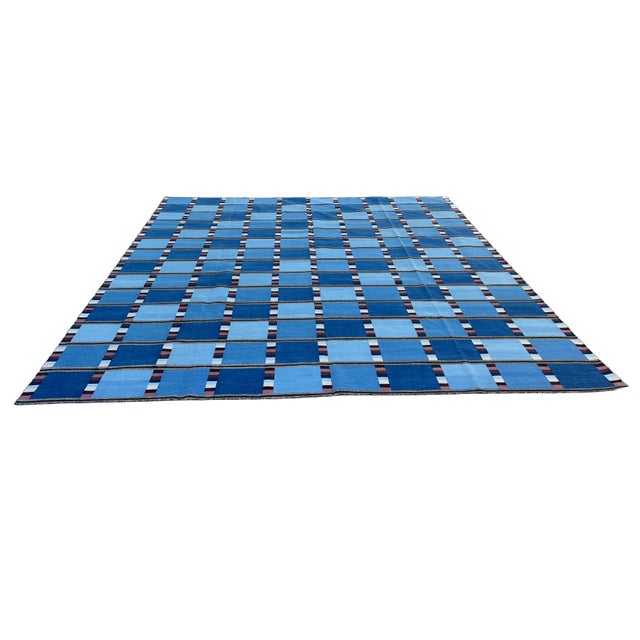 Handmade Cotton Vegetable Dyed Rug, Blue Cream, Pink and Brown Checked Dhurrie - 10'x14' For Sale - Image 9 of 12
