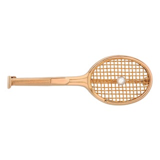 Cartier 14k Yellow Gold Ladies Tennis Racket Brooch With Pearl Vintage Estate For Sale