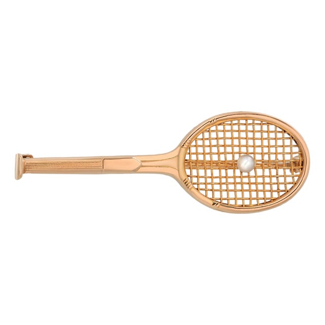 Cartier 14k Yellow Gold Ladies Tennis Racket Brooch With Pearl Vintage Estate For Sale