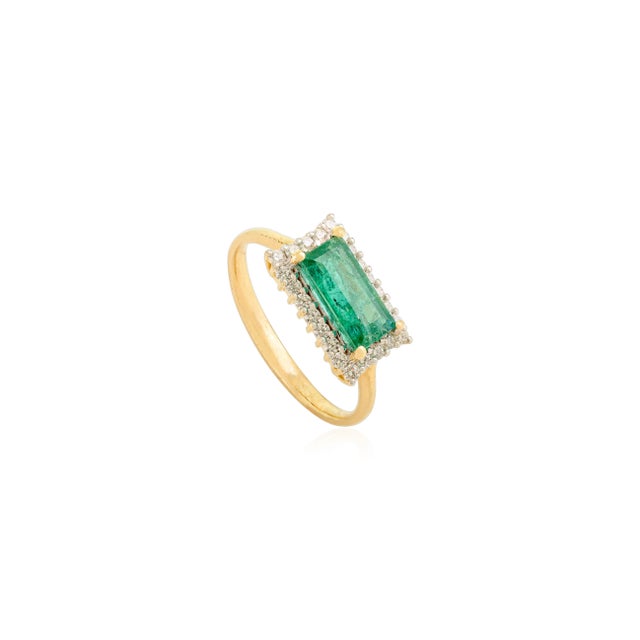 Art Deco 14k Gold Zambian Emerald & Diamond East to West Ring Size 5.5 For Sale - Image 3 of 11
