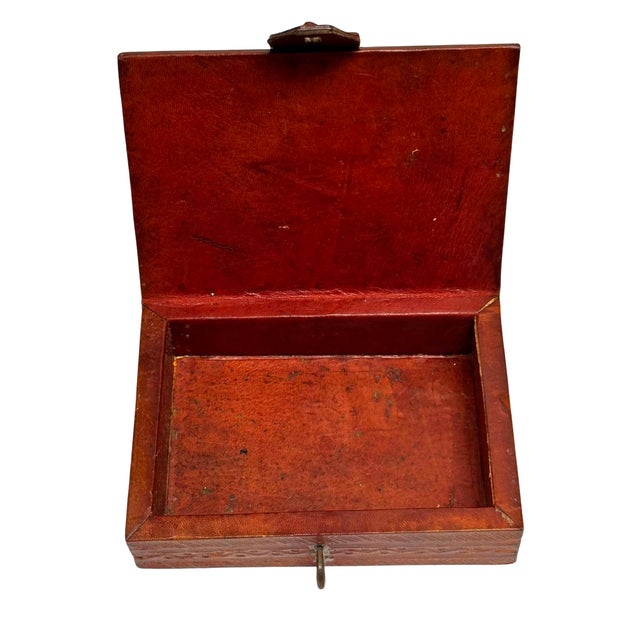 English Antique Tooled Leather Jewelry & Keepsake Box With Brass Latch For Sale - Image 3 of 4