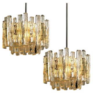 Large Modern Chrome & Ice Glass 3-Tier Chandeliers by J. T. Kalmar, Set of 2 For Sale