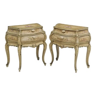Nightstands, Bombe, Pair, Italian, Venetian, Paint Decorated, Vintage For Sale