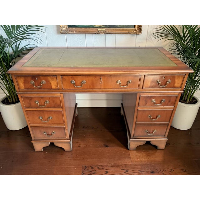 Antique Twin Pedestal Desk in Dark Yew Wood and Leather Top, 1980 For Sale - Image 4 of 18