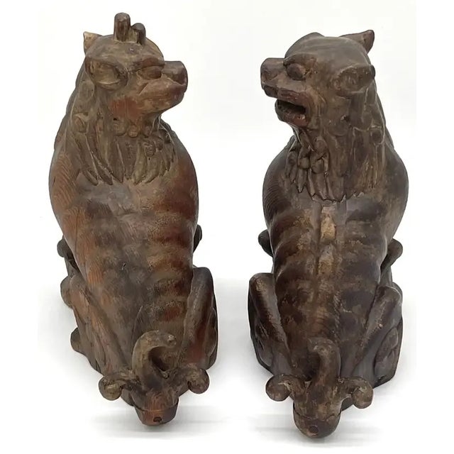 19th Century 19th C. Tibetan Carved Wood & Polychromed Foo/ Guardian /Temple Dogs - a Pair For Sale - Image 5 of 12