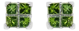 .925 Sterling Silver 3/8 Cttw Treated Green Princess-cut Diamond 4 Stone Composite Quad Stud Earring (Green Color, I1-I2 Clarity) - 2 Pieces
