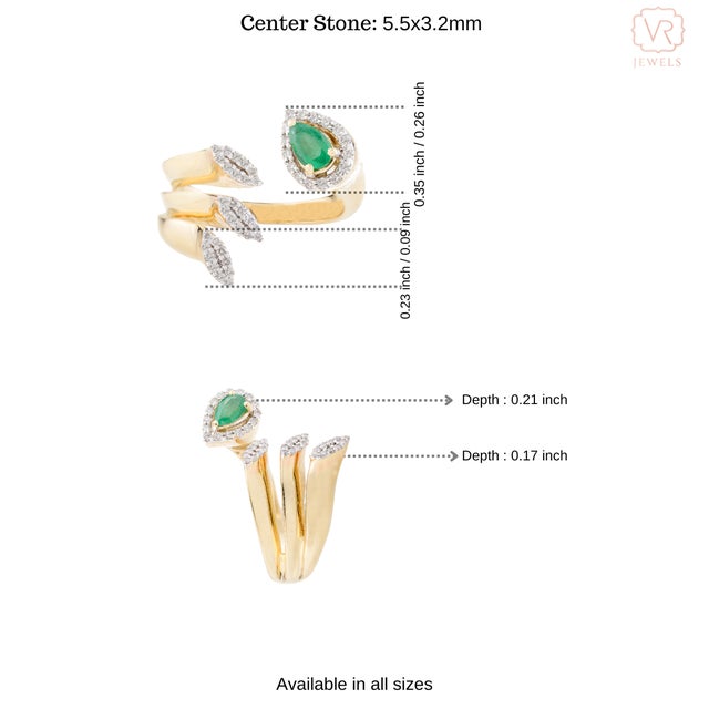 Gold Pear Shape Emerald & Halo Diamond Open Wrap Ring Size 5 For Sale - Image 8 of 11