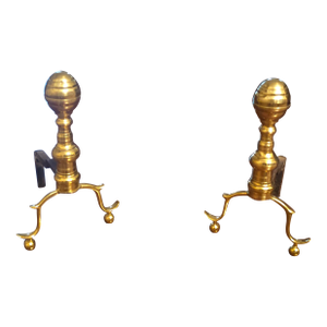 Pair Mid-20th Century Federal Style Canon Ball Brass Fireplace Low Andirons