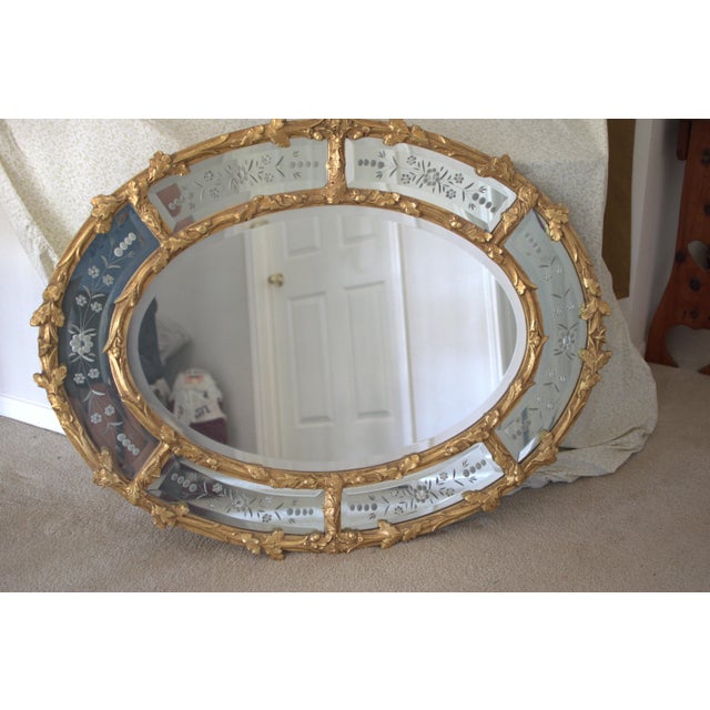 Vintage Hollywood Regency Gold Gilt Oval Mirror W / Etched Floral Bevel Glass Border, Leaf & Acorn Ornate Frame- 50" For Sale - Image 12 of 18