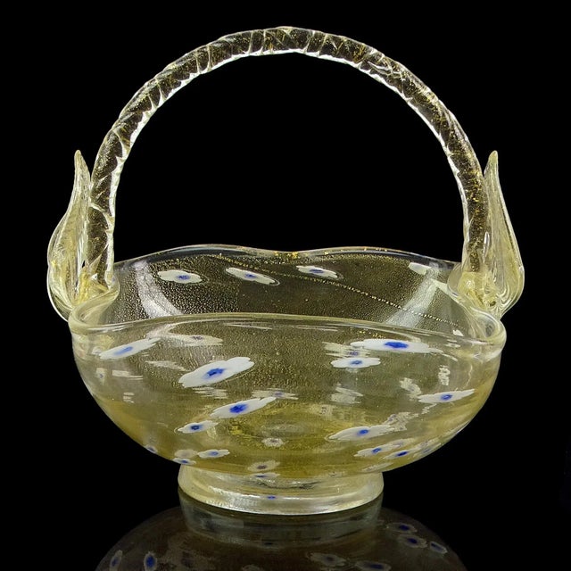 Beautiful vintage Murano hand blown clear with gold flecks and white millefiori flowers Italian art glass basket / bowl....