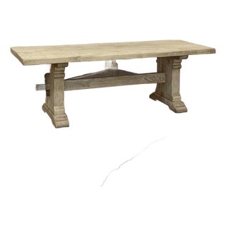 Rustic European Stripped Oak Trestle Dining Table For Sale