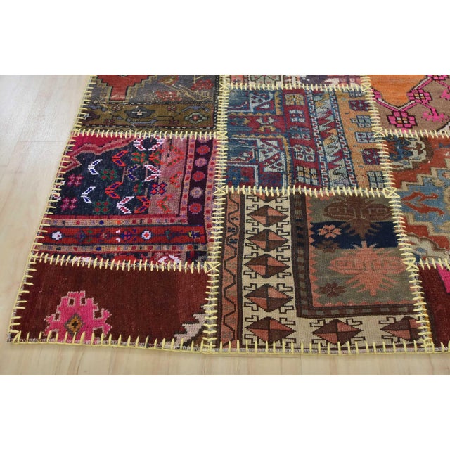 Patchwork Rug 4’1” X 5’11” Multicolor Wool Vintage Hand-Knotted Carpet For Sale - Image 11 of 14