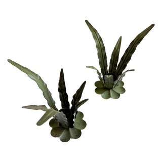 Italian Tole Leaf Candle Holders, a Pair, 1960s For Sale