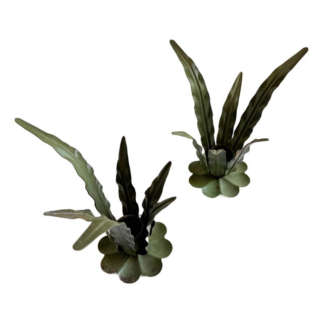 Italian Tole Leaf Candle Holders, a Pair, 1960s For Sale
