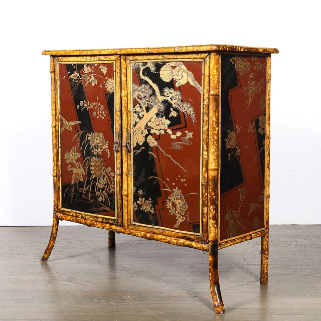 Art Deco Bamboo & Cubist Red & Black Geometric Detailed Gilt Chinoiserie Cabinet For Sale - Image 13 of 18