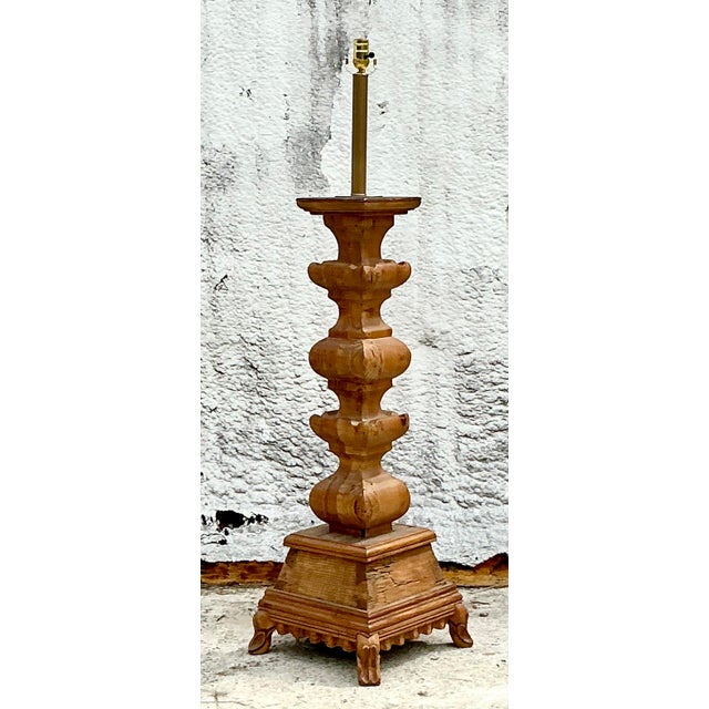 Camel Vintage Boho Turned Knotty Pine Floor Lamp For Sale - Image 8 of 8